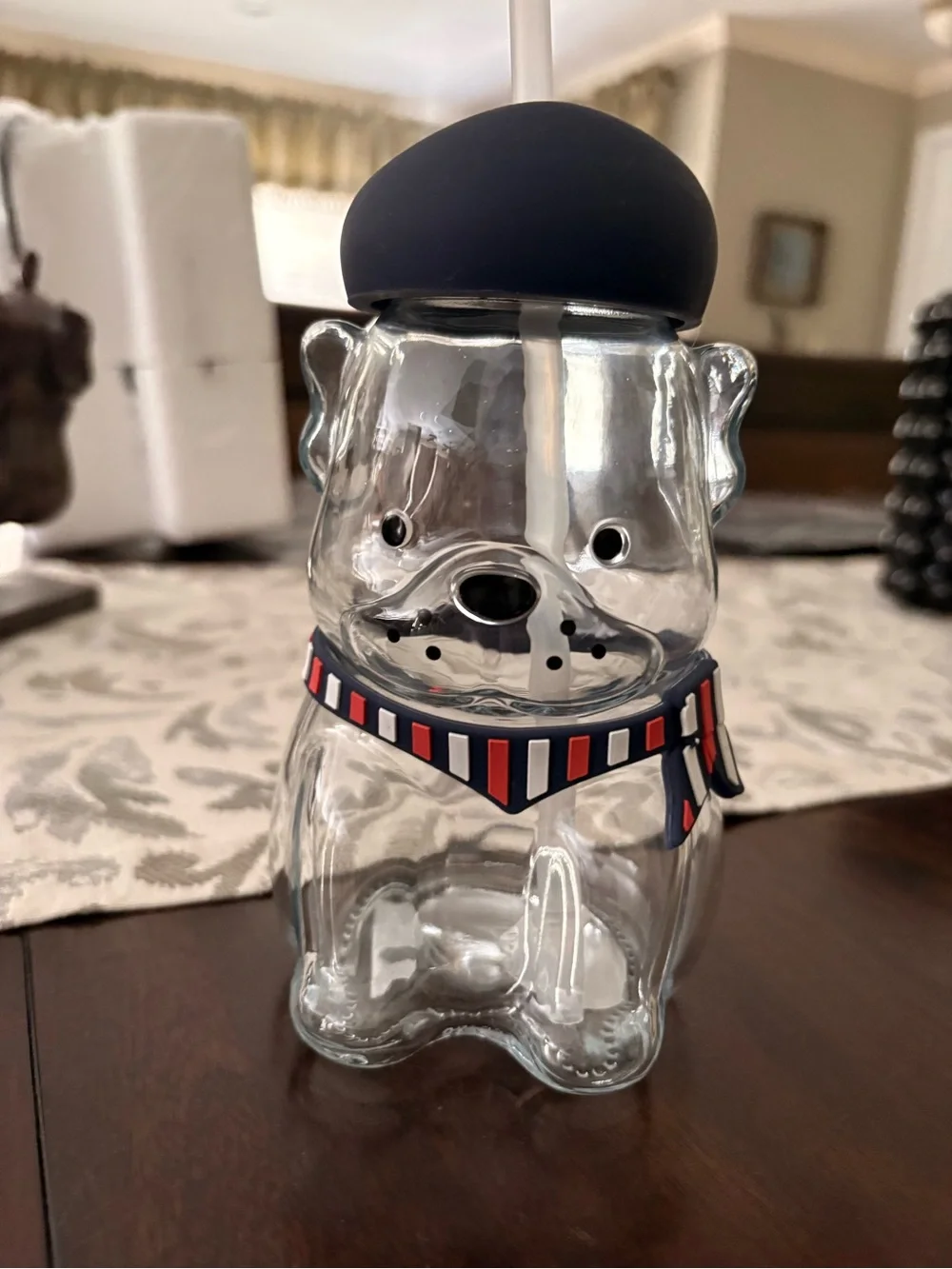 Clear Dog Shaped Glass Water Bottle with Straw